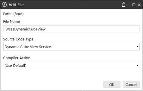 Add File window with Dynamic Cube View Service selected as the Source Code Type